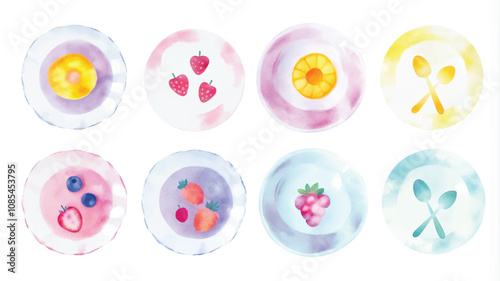 Watercolor illustration of a set of plates with different fruits and berries.