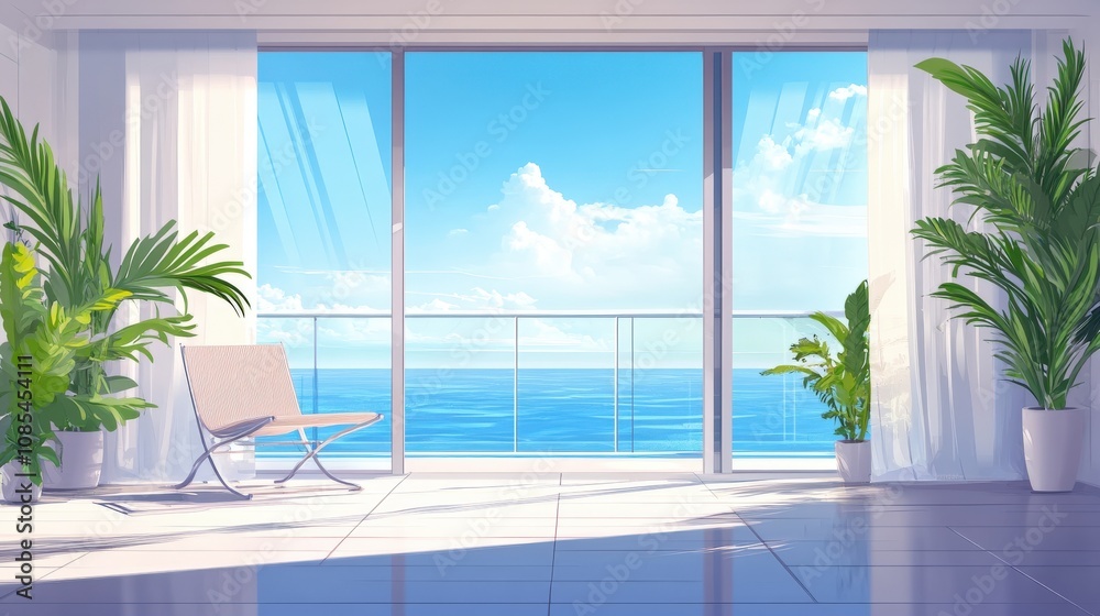Interior View with Sea View, White Curtains, and Palm Plants Interior View with Sea View, White Curtains, and Palm Plants