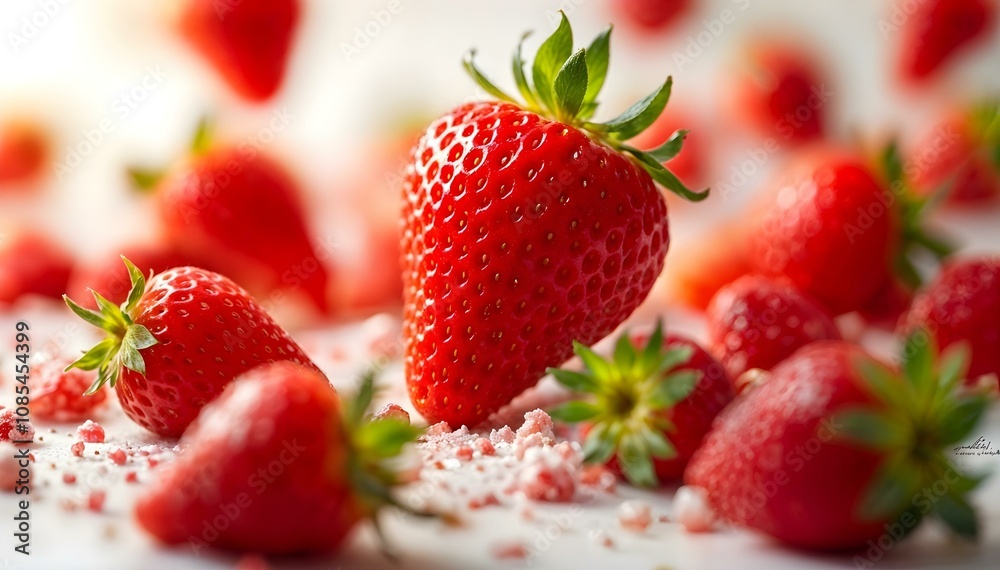 Strawberries are scattered floating in the air on a white background. Strawberry background Strawberries are scattered floating in the air on a white background. Strawberry background