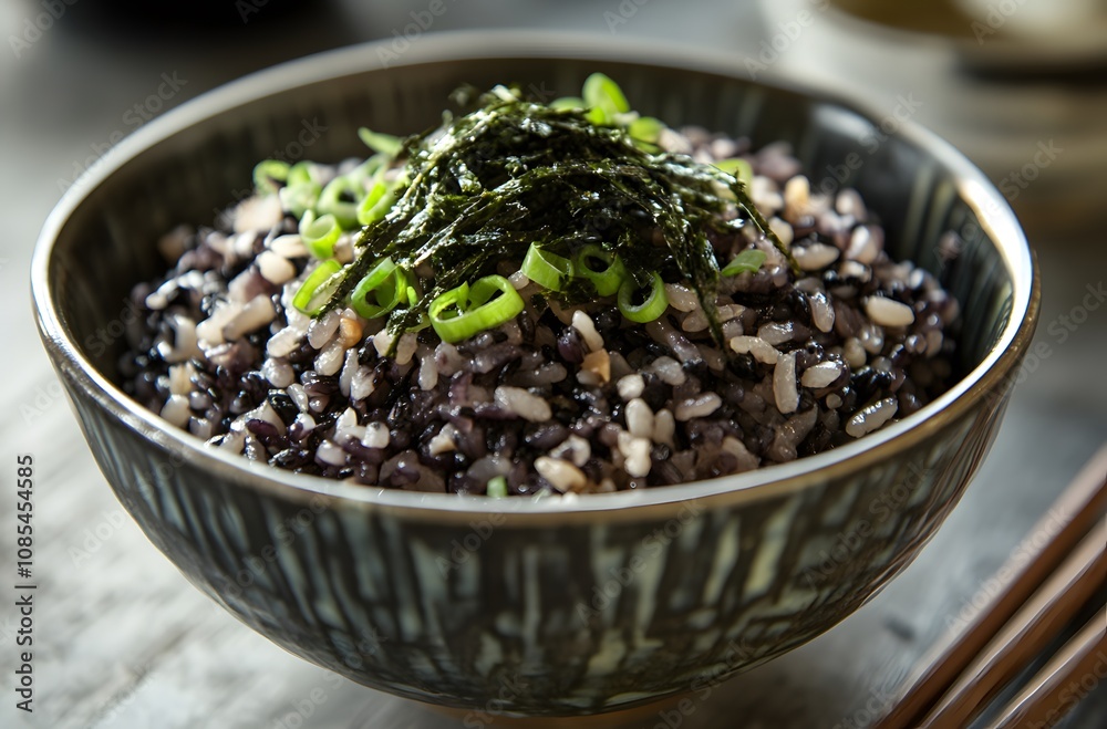 Dark Rice Bowl Topped With Seaweed And Green Onions Dark Rice Bowl Topped With Seaweed And Green Onions