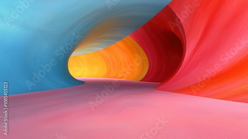 A vibrant, colorful tunnel made of smooth waves, blending hues of blue, yellow, red, and pink, creating a surreal and dreamy atmosphere.