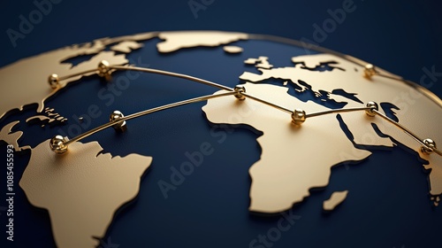 A detailed representation of a golden globe highlighting global connections and networks, symbolizing international trade and communication.