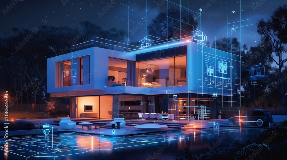 Modern Smart Home with Blueprints at Night Modern Smart Home with Blueprints at Night
