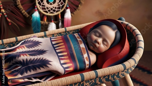 Serene Native American Baby in a Woven Cradleboard with Cultural Decor photo