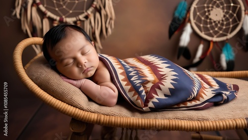 Serene Native American Baby in a Woven Cradleboard with Cultural Decor photo