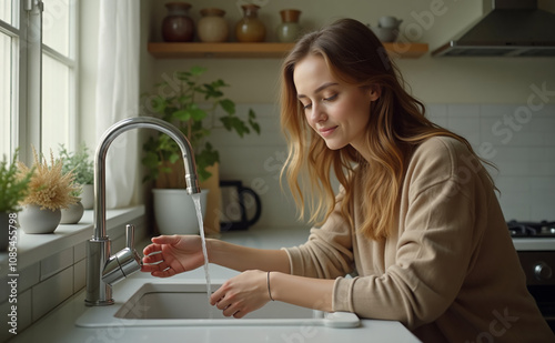 A young woman dealing with a blocked kitchen sink