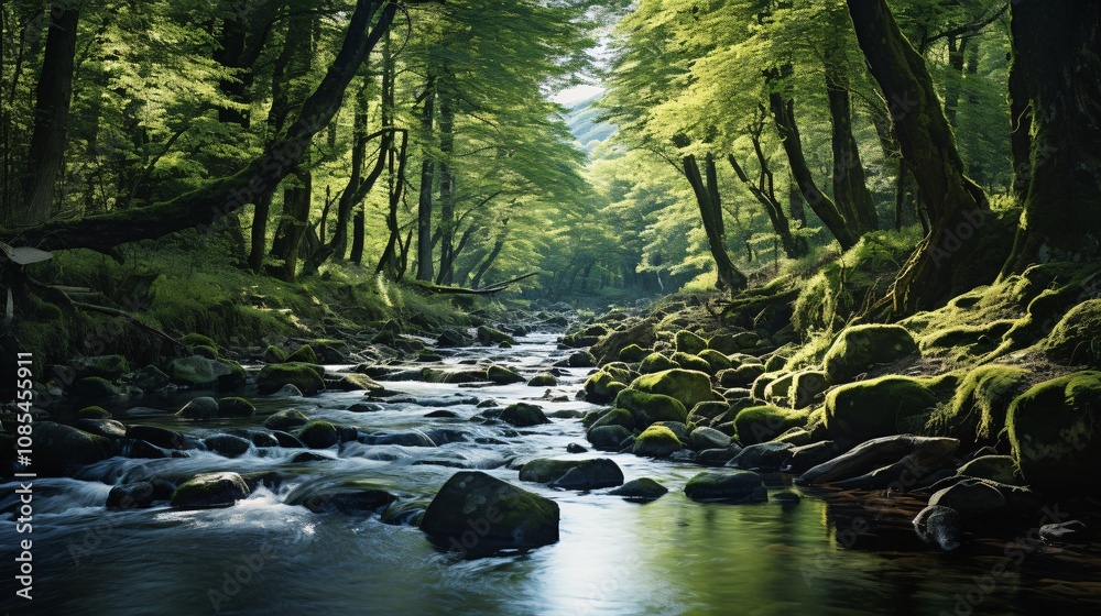 Fototapeta premium A tranquil forest stream flowing over smooth stones