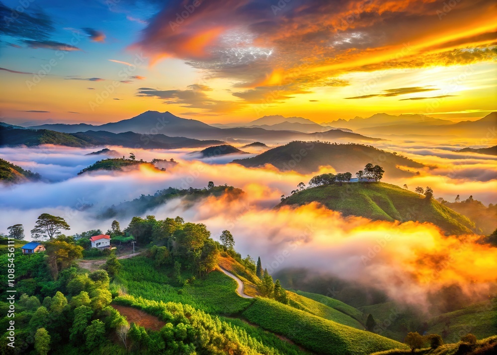 Obraz premium Witness a picturesque dawn in Da Lat, where misty mountains paint the landscape.