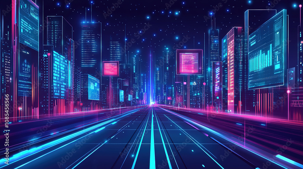 Cyberpunk style, futuristic technology, urban high-rise buildings and highway illustrations Cyberpunk style, futuristic technology, urban high-rise buildings and highway illustrations