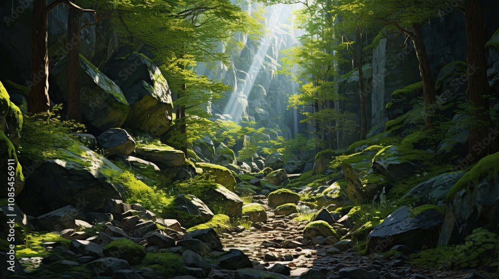 Sunlight illuminating a forest with large rocks and green plants Sunlight illuminating a forest with large rocks and green plants