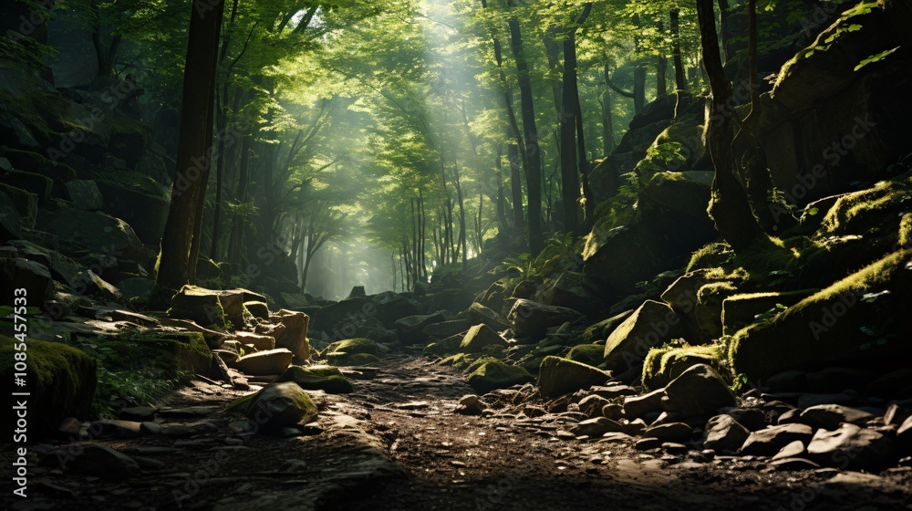 Obraz premium Sunlight breaking through the canopy onto a forest with rocks and greenery