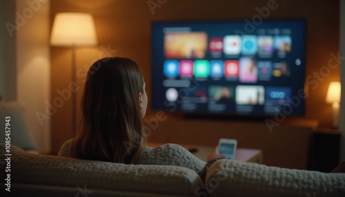 A behind-the-view shot of a woman sitting on a cozy sofa, using her home smart TV to browse OTT content