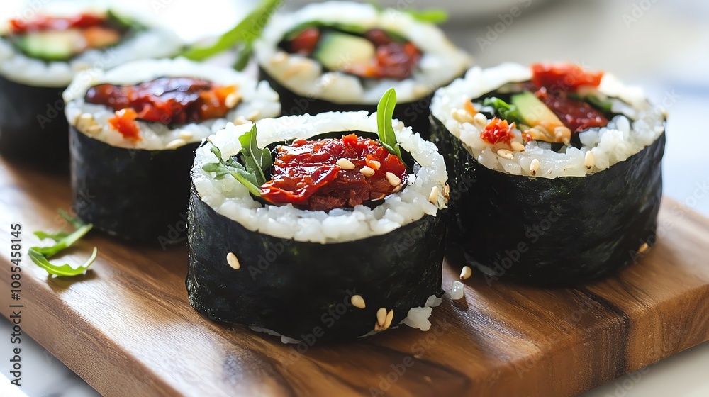 Fusion Flavor Journeys Fresh sushi rolls on a wooden platter Fusion Flavor Journeys Fresh sushi rolls on a wooden platter