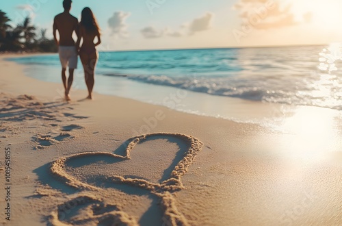 Couple Walking Beach Sunset Heart Sand photo