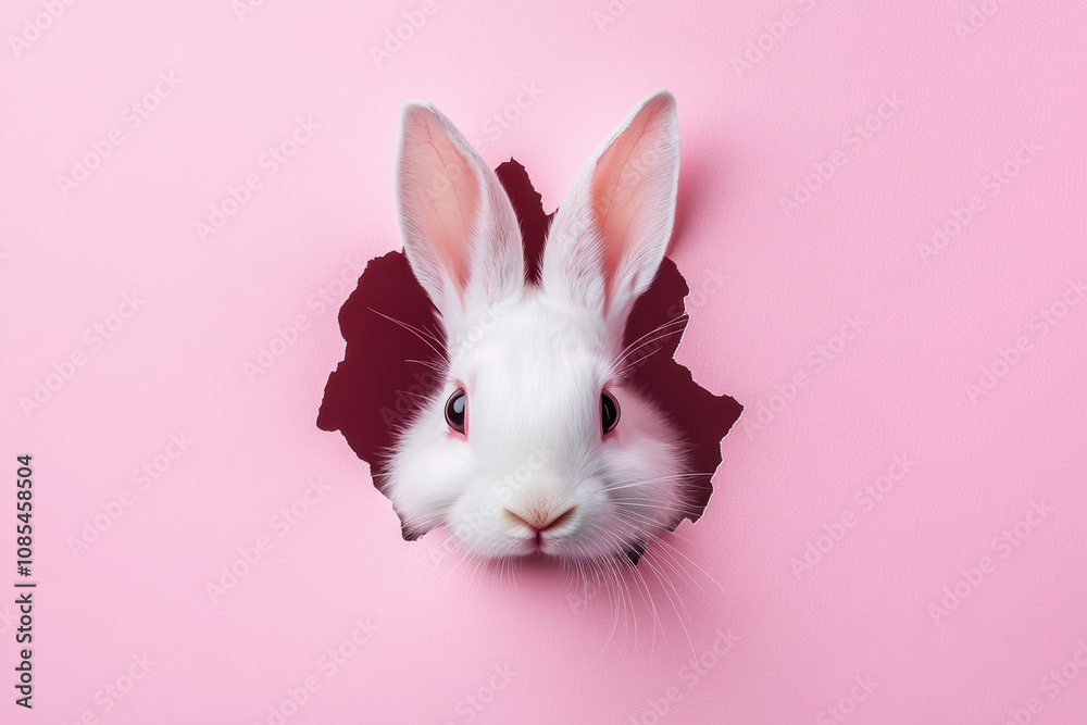 A cute Easter bunny peeking through a hole in a pink background. A cute Easter bunny peeking through a hole in a pink background.