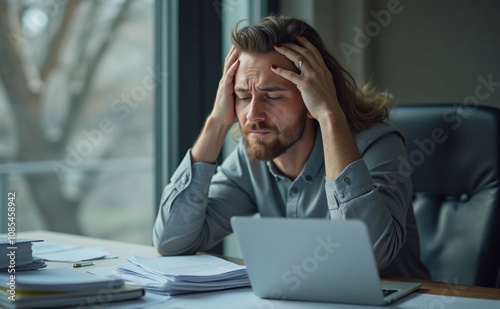 A stressed businessman sitting at his office desk, surrounded by piles of paperwork and a laptop