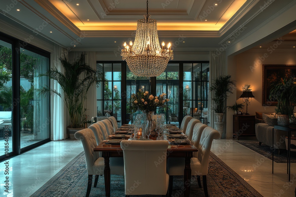 Elegant dining room with chandelier and greenery. Elegant dining room with chandelier and greenery.