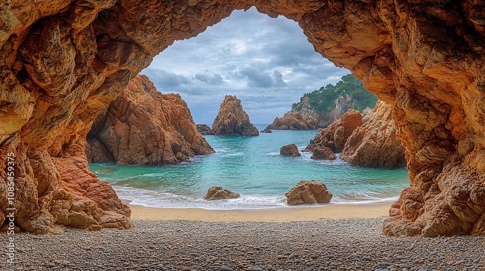 Fototapeta premium A view of the beach through a rock archway.