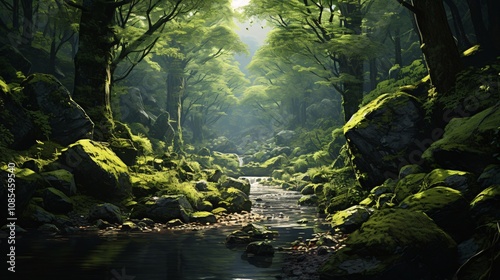 A tranquil forest scene with moss-covered stones and dense foliage