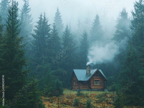 Cozy Cabin in Misty Rainy Forest Landscape with Smoke Billowing from Chimney