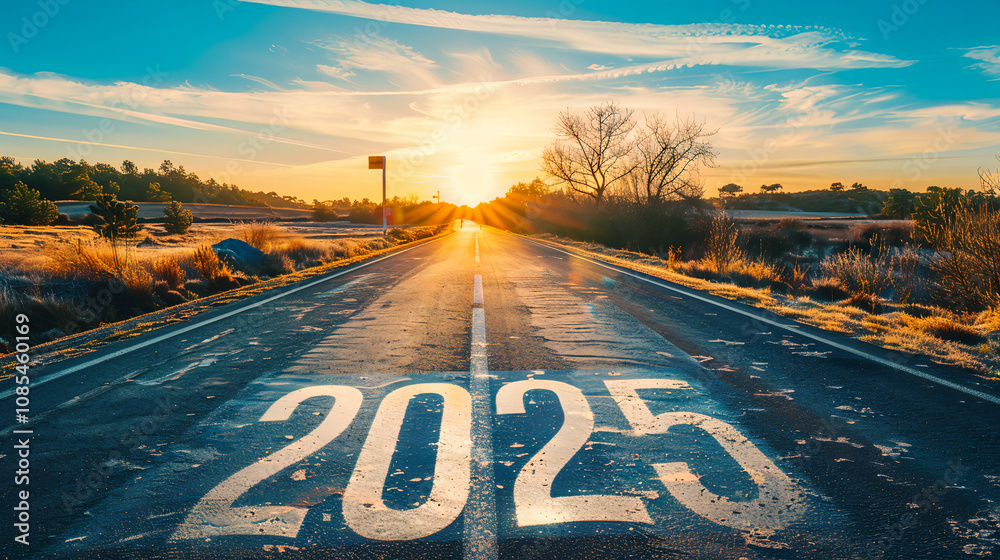 Road to 2025: A New Year Sunrise Symbolizing Future Opportunities, Goals, and Ambitions for Success and Growth on the Journey Ahead