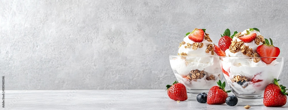 Delicious strawberry blast ice cream sundae piled high with granola and whipped cream on a bright kitchen countertop Delicious strawberry blast ice cream sundae piled high with granola and whipped cream on a bright kitchen countertop