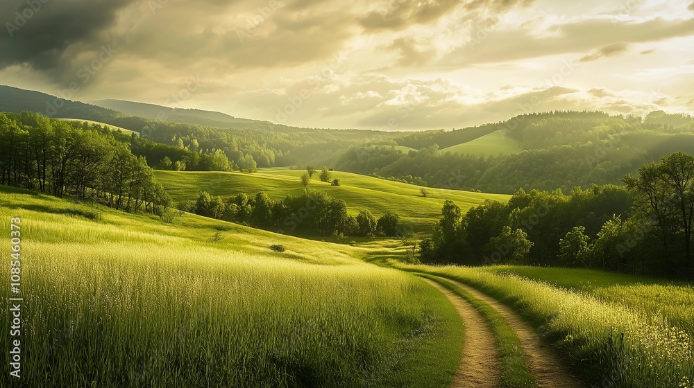 Fototapeta premium A beautiful landscape of green meadows and rolling hills under the soft glow of sunlight, with a dirt path leading to an enchanting forest in the distance