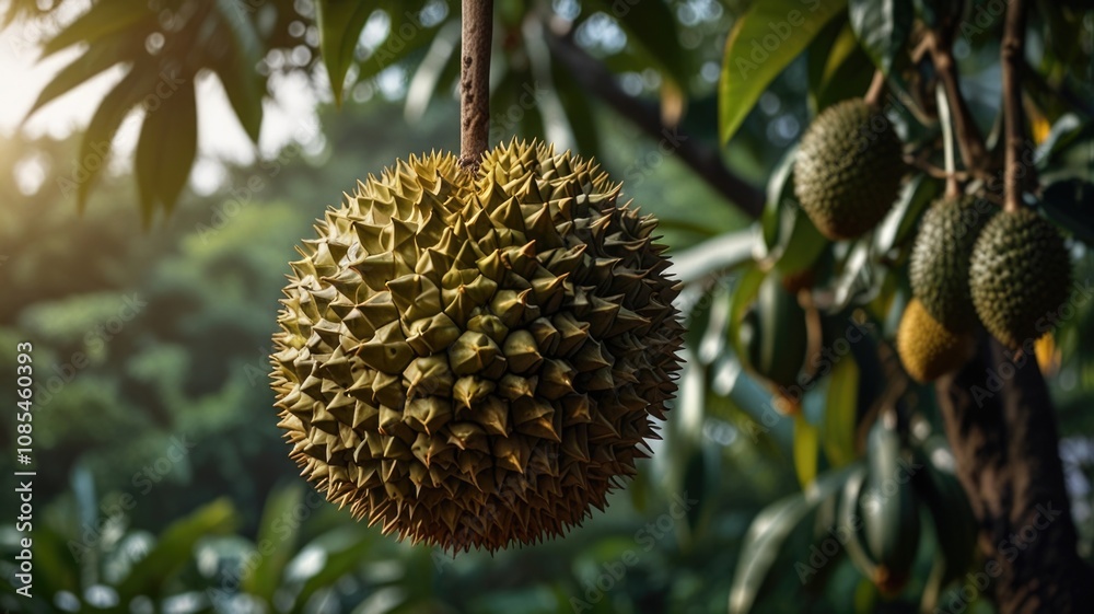 Fresh ripe durian hanging on durian tree branch Fresh ripe durian hanging on durian tree branch