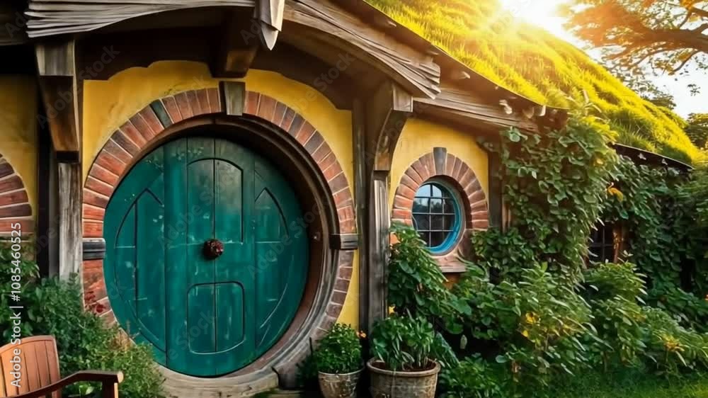 A fairytale-like hobbit house surrounded by a beautiful garden. The round door, stone path, and lush vegetation create a magical and inviting setting.
