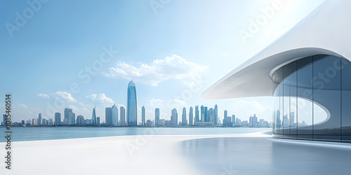 Fototapeta Naklejka Na Ścianę i Meble -  White infrastructure modern building platform under the background of urban high-rise skyline