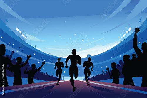 Create a vibrant vector illustration of athletes running a track race, emphasizing dynamic movement and competition. Include a stadium backdrop.