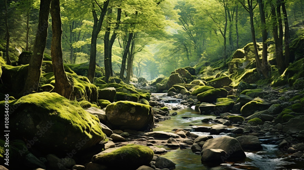 Obraz premium A sun-dappled forest with mossy boulders and vibrant green vegetation