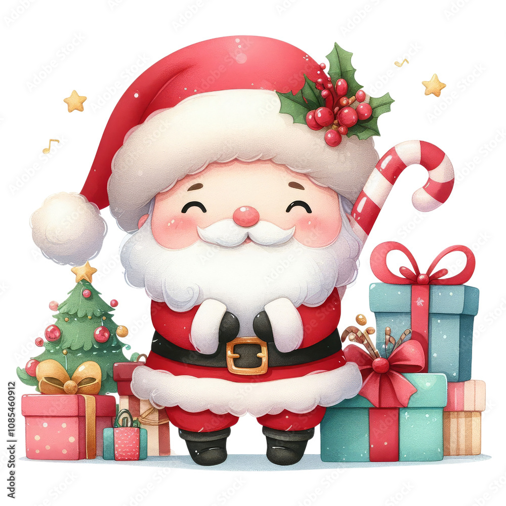 Adorable Santa Claus in a watercolor cartoon style, beaming with joy and holding a big sack of gifts, ideal for holiday-themed designs.