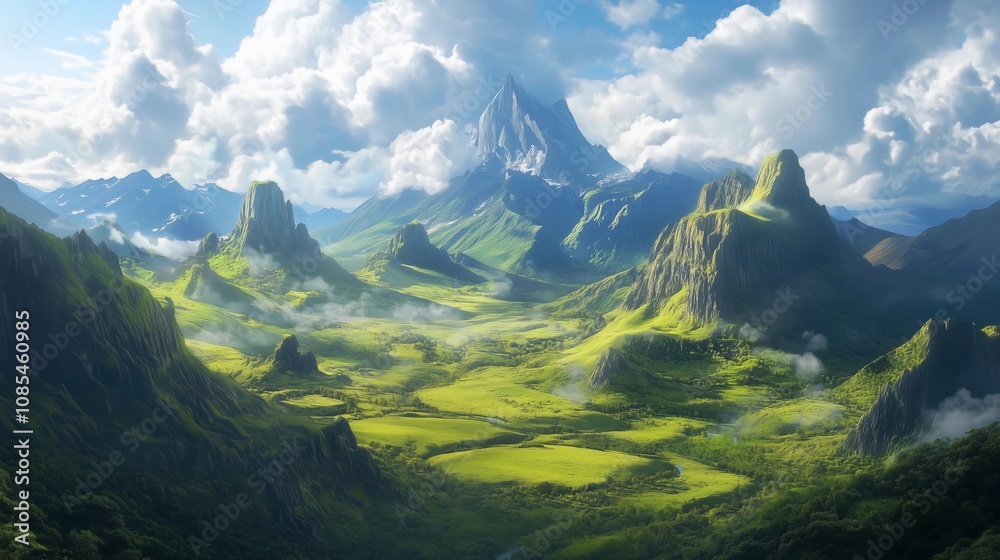 Fototapeta premium A wide landscape of green mountains, in the style of fantasy, digital art style, cinematic, concept art, realistic, high detail, high resolution, 3D shading, cinematic lighting, vibrant colors