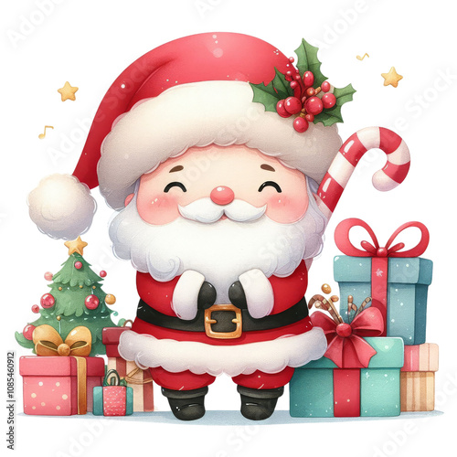 Obraz na płótnie Adorable Santa Claus in a watercolor cartoon style, beaming with joy and holding a big sack of gifts, ideal for holiday-themed designs. w salonie