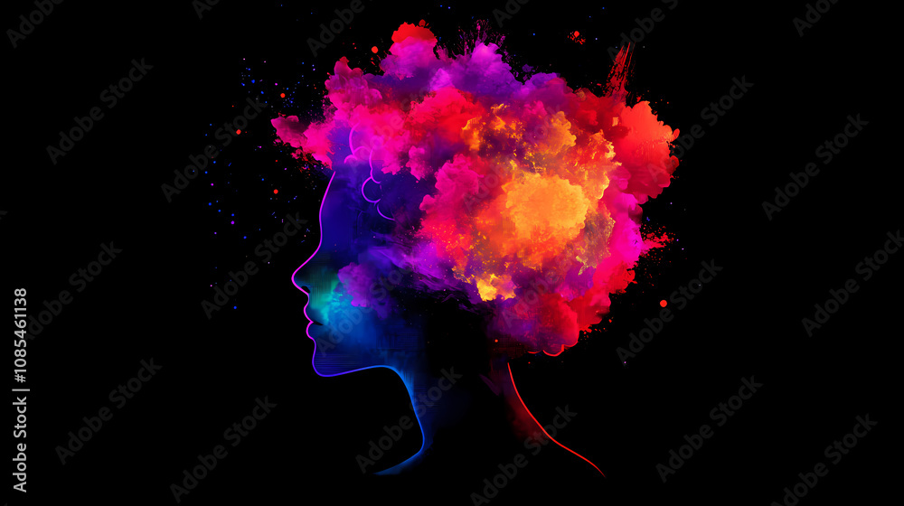 Silhouette of a human head with a vibrant cosmic explosion and galaxy, representing infinite thoughts, dreams, and imagination. Infinite. Illustration