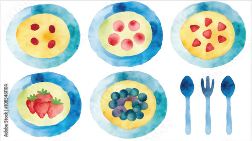 Set of colorful watercolor plates with fruit and cutlery.