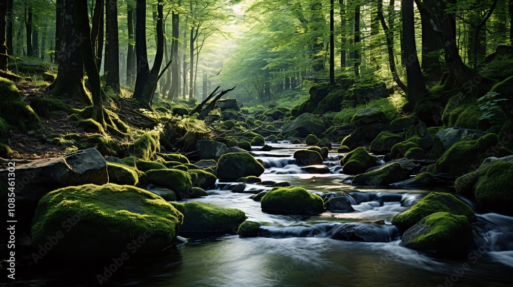 Obraz premium A tranquil forest stream flowing over moss-covered rocks