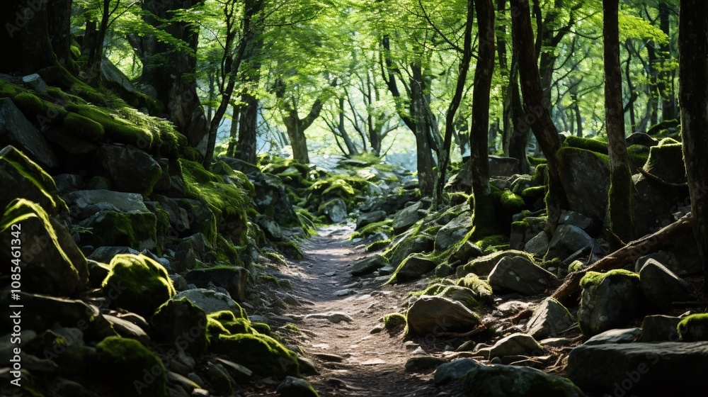 Obraz premium A rocky forest trail with green plants on either side