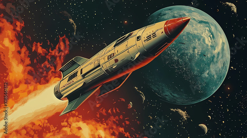 Wallpaper Mural Spaceship, space travel, space, outer space, futuristic, future, infinite expanses, universe, moon, aliens, monsters, attack, bombardment, fire. Infinite. Illustration Torontodigital.ca