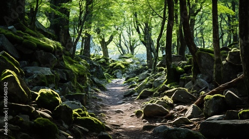 A rocky forest trail with green plants on either side