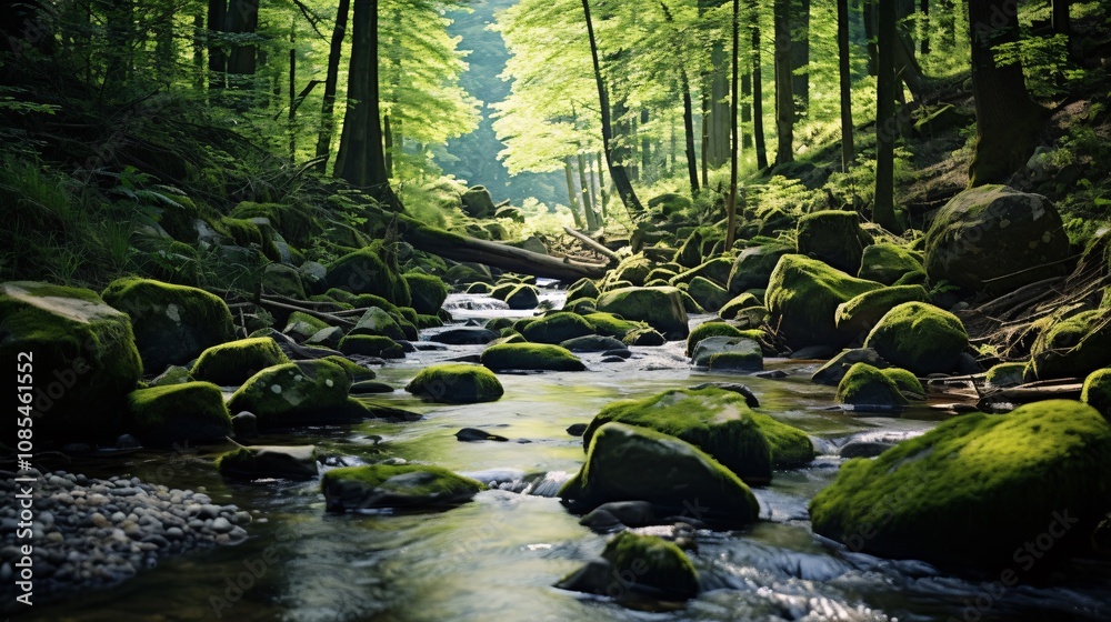 Obraz premium A peaceful forest stream with smooth stones and vibrant green plants