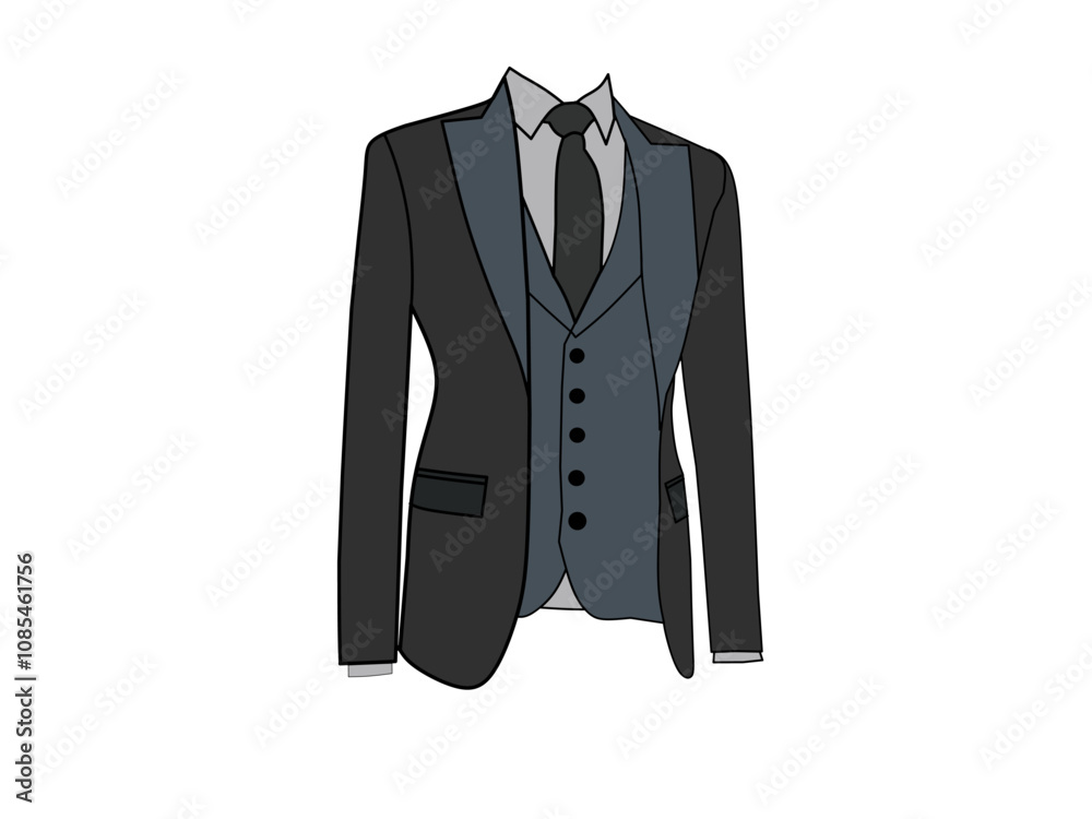 The tuxedo is dark gray, black tie, dark gray shirt and dark blue vest. The theme of formal fashion clothing for men. The tuxedo is dark gray, black tie, dark gray shirt and dark blue vest. The theme of formal fashion clothing for men.