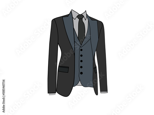 The tuxedo is dark gray, black tie, dark gray shirt and dark blue vest. The theme of formal fashion clothing for men.