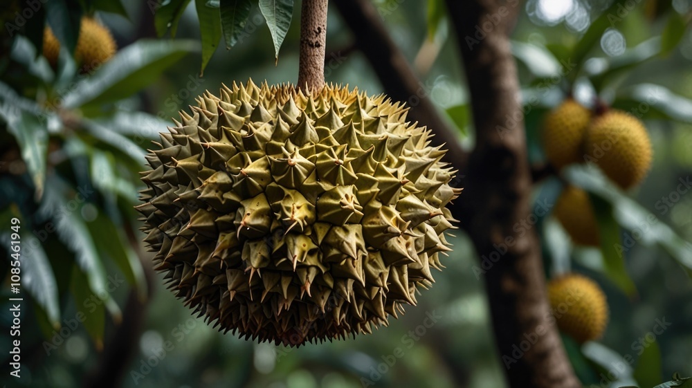 Fresh ripe durian hanging on durian tree branch Fresh ripe durian hanging on durian tree branch