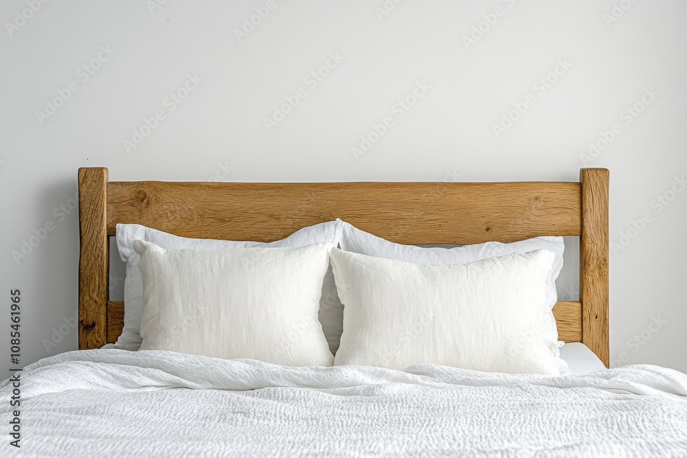 simple oak bed frame with two white linen pillows and a duvet simple oak bed frame with two white linen pillows and a duvet