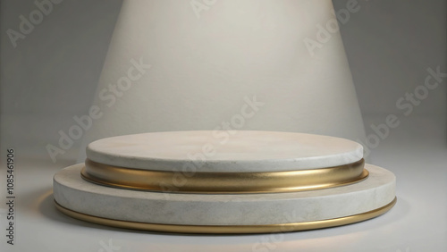 Warm lighting and a layered podium design make this space perfect for presentations.