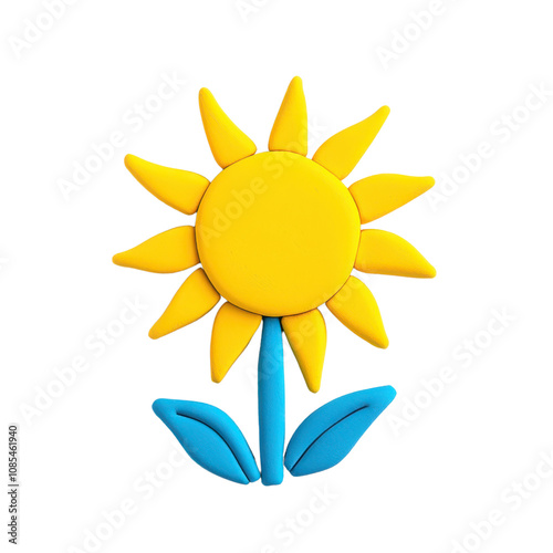 Bright yellow sunflower made of modeling clay with blue stem and leaves