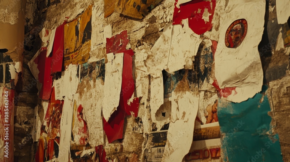 Fototapeta premium Urban wall covered with torn ripped posters, showcasing a distressed, vintage texture. The weathered paper layers create a grunge, urban aesthetic, perfect for background designs, creative projects