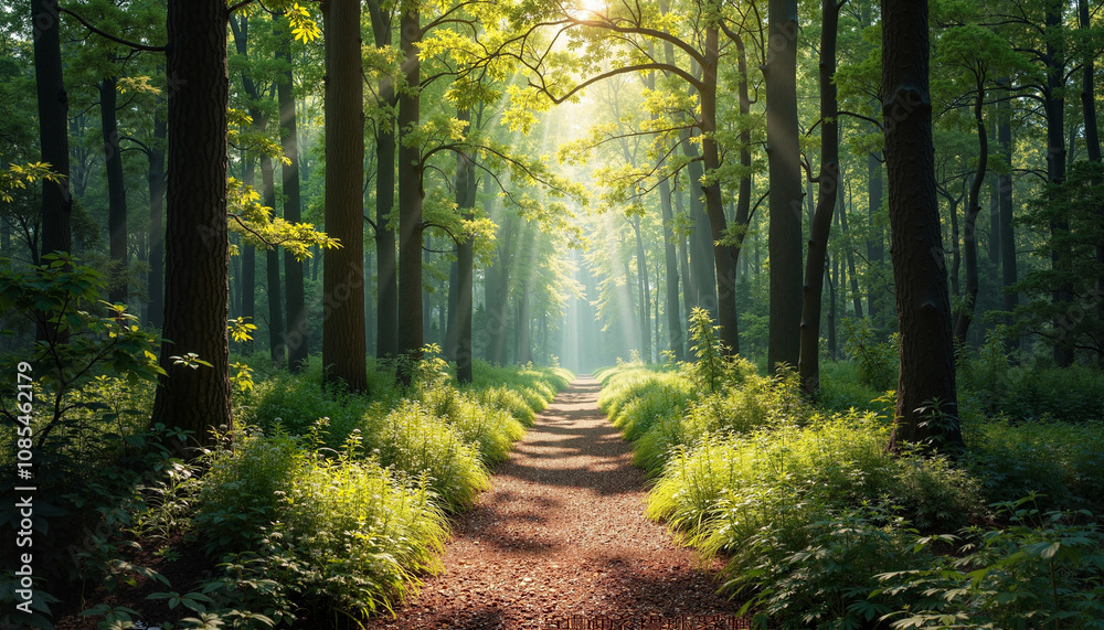 Obraz premium Mysterious forest path illuminated by sunlight filtering through tall trees on a serene morning